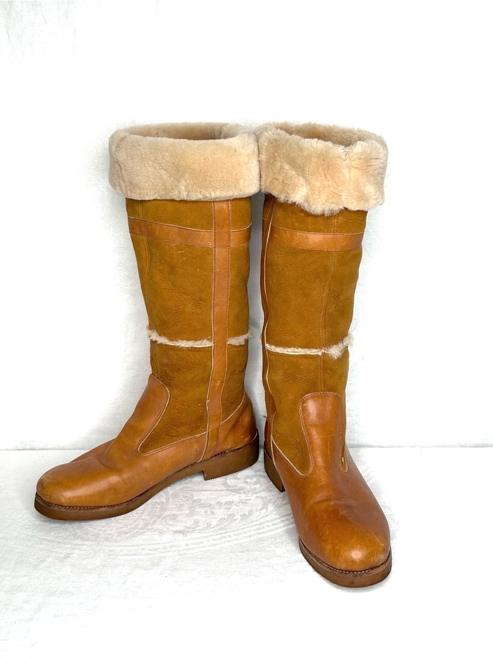 Vintage 80s Roots Boots Size 10 Tan Leather Shearling-Lined Fall Winter Western